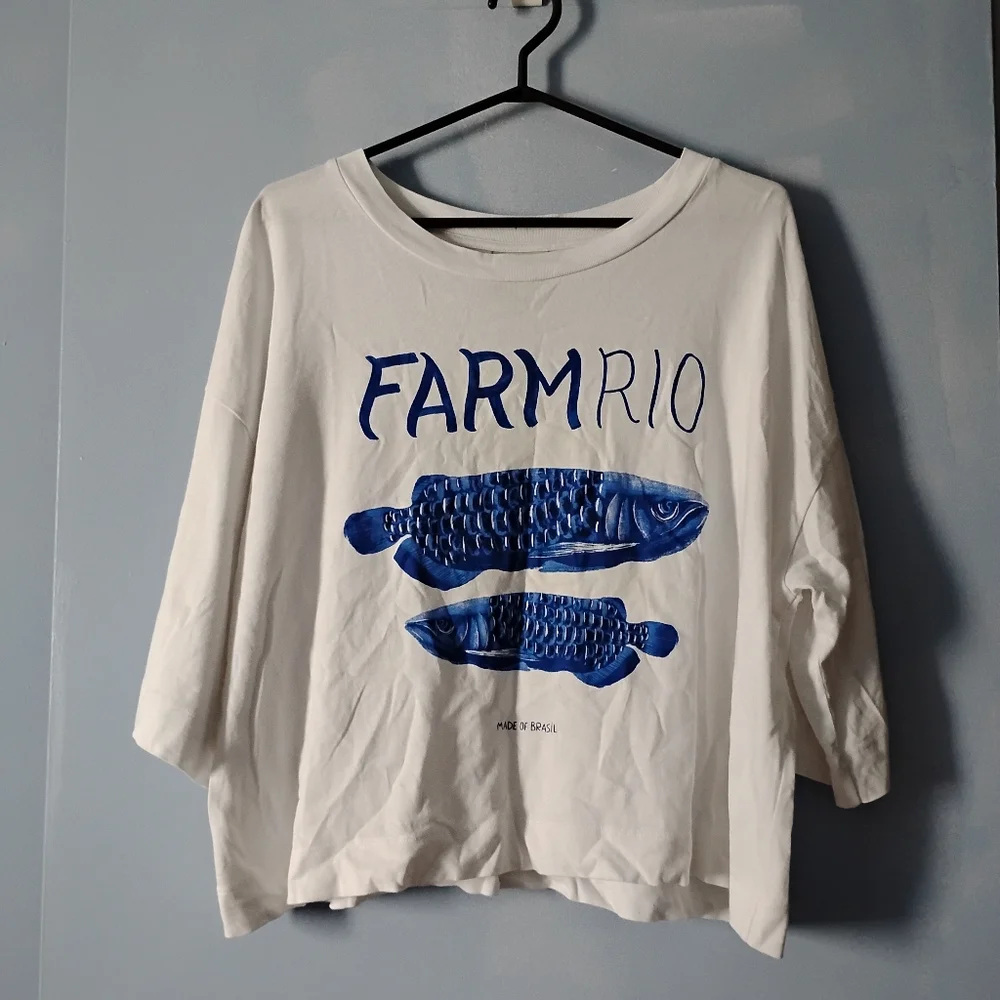 Farm Rio White And Blue Cotton Fish Brazil Oversized Tee L - Picture 5 of 8